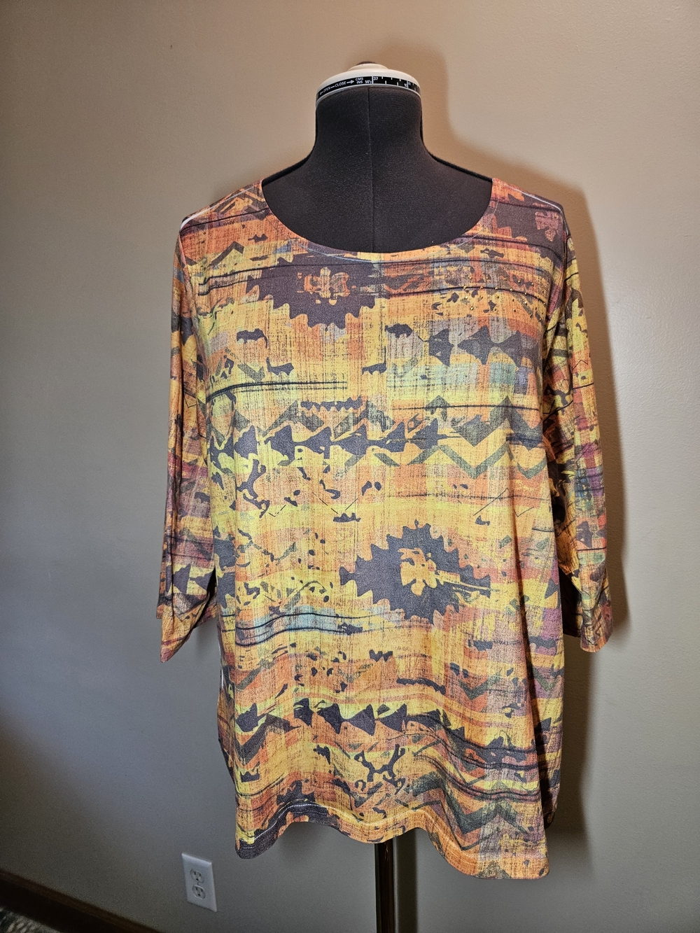 breckenridge Sz. 2X Orange & Yellow Abstract Print 3/4 Sleeve Tunic